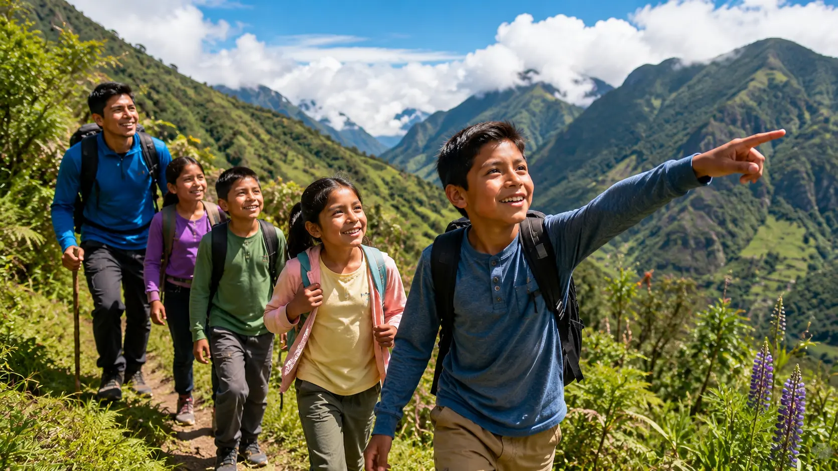 Niños ecuatorianos en campamento de naturaleza haciendo senderismo en los Andes