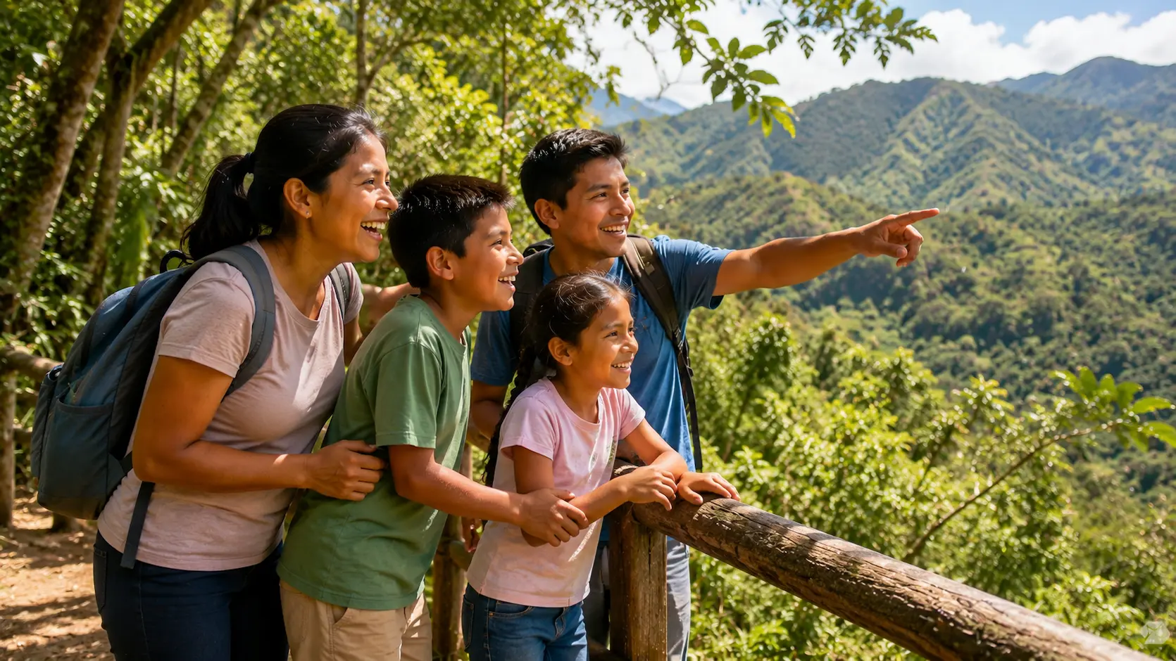 Familia ecuatoriana visitando un sitio natural y disfrutando actividades al aire libre en vacaciones