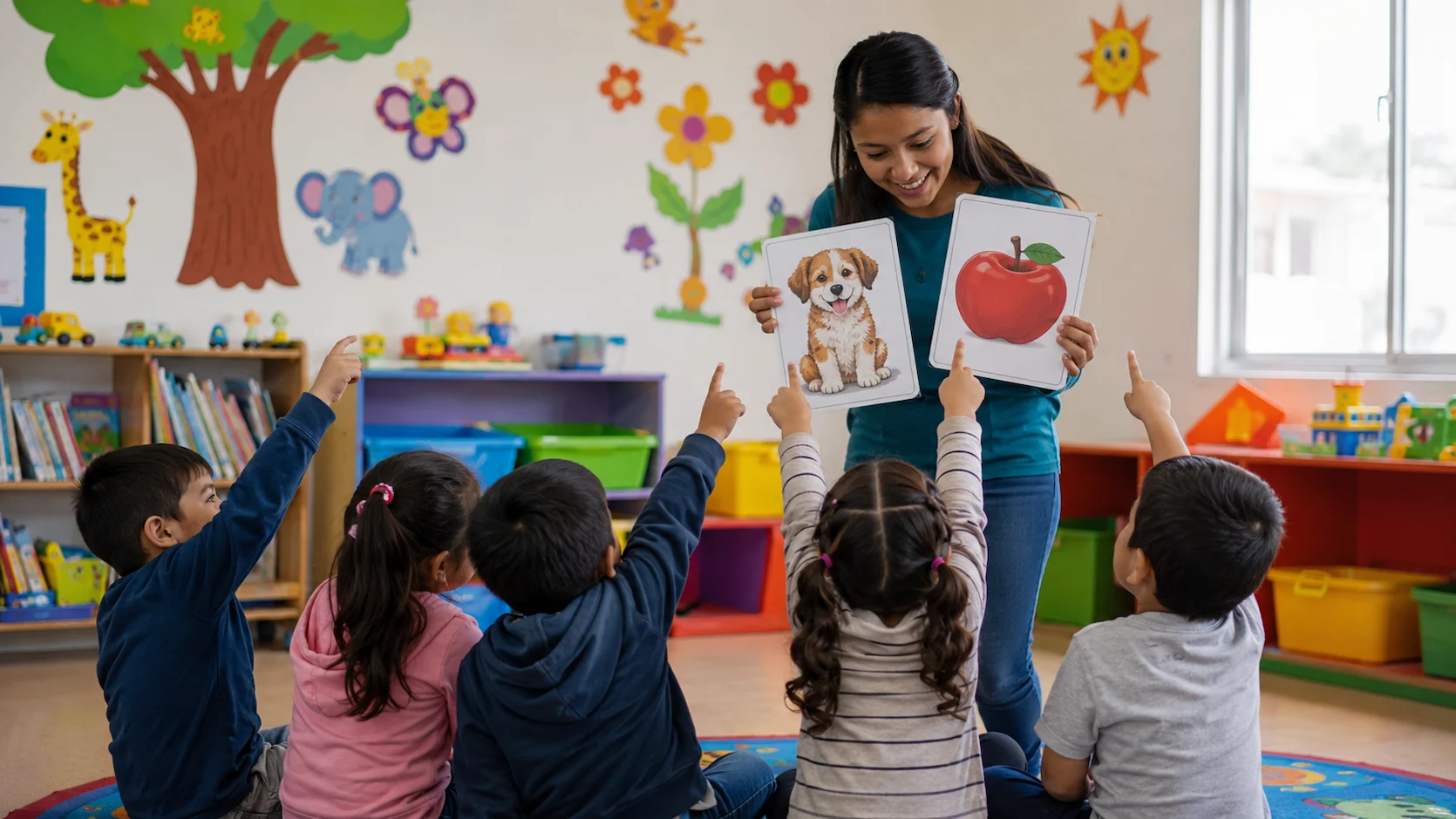 Niños ecuatorianos de educación inicial sentados en círculo participando animadamente en una clase lúdica de inglés con su maestra, usando flashcards coloridas de animales y objetos cotidianos