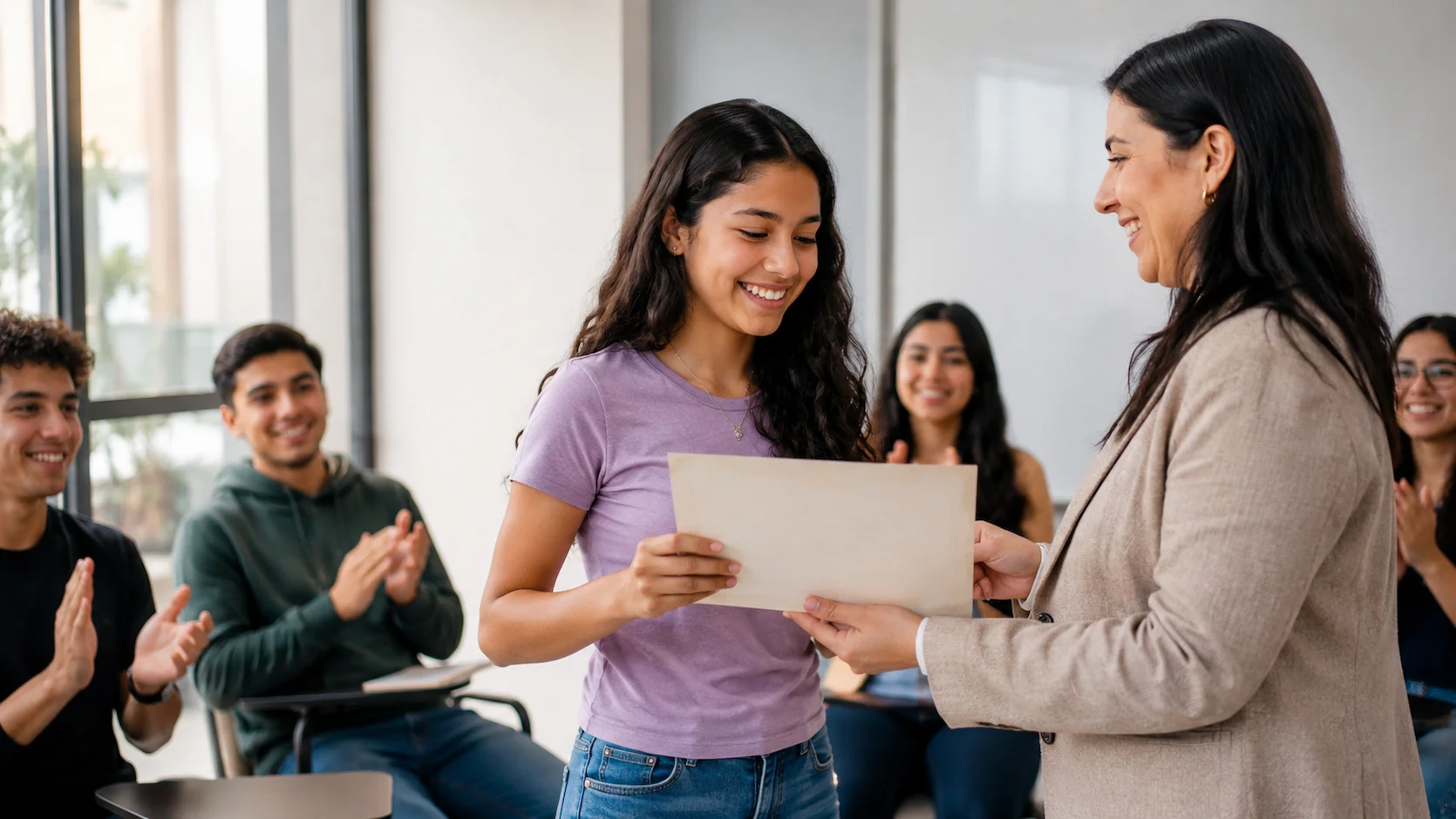 Adolescente ecuatoriana de 16 años recibiendo de manos de una docente su certificado de nivel B2 de inglés de Cambridge, con expresión de orgullo y satisfacción, en un salón luminoso