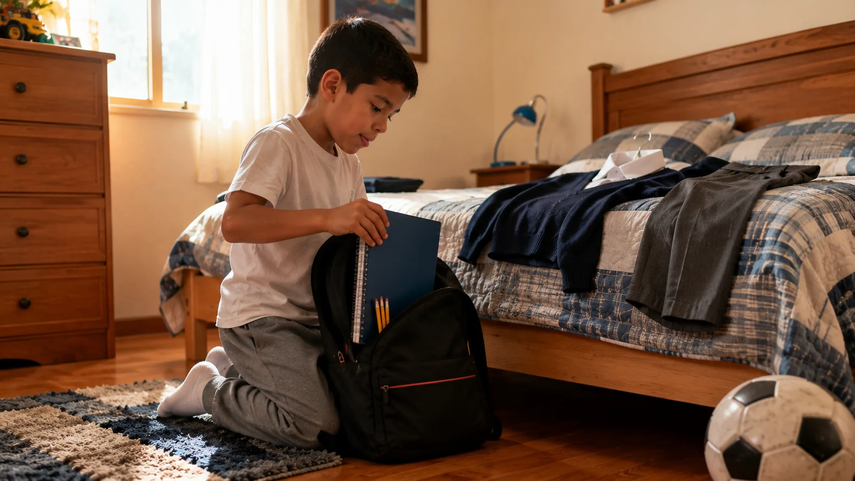 Niño ecuatoriano de unos 8 años preparando con concentración su propia mochila escolar en su habitación, organizando sus cuadernos y útiles de forma independiente
