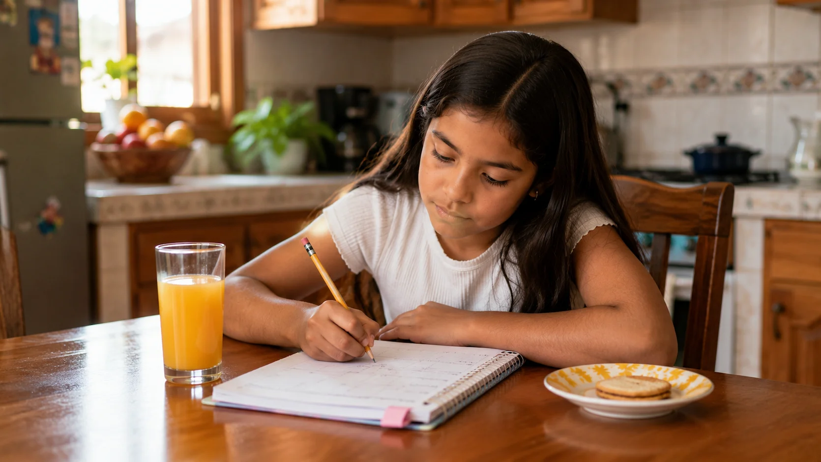 Niña ecuatoriana de unos 10 años escribiendo en su agenda escolar en la cocina de su casa, organizando sus tareas y actividades de la semana de forma independiente