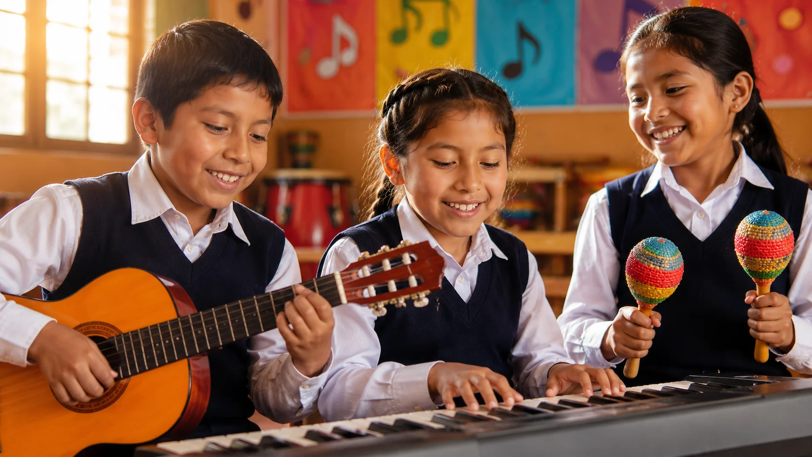 Niños ecuatorianos tocando instrumentos musicales en clase de música del colegio