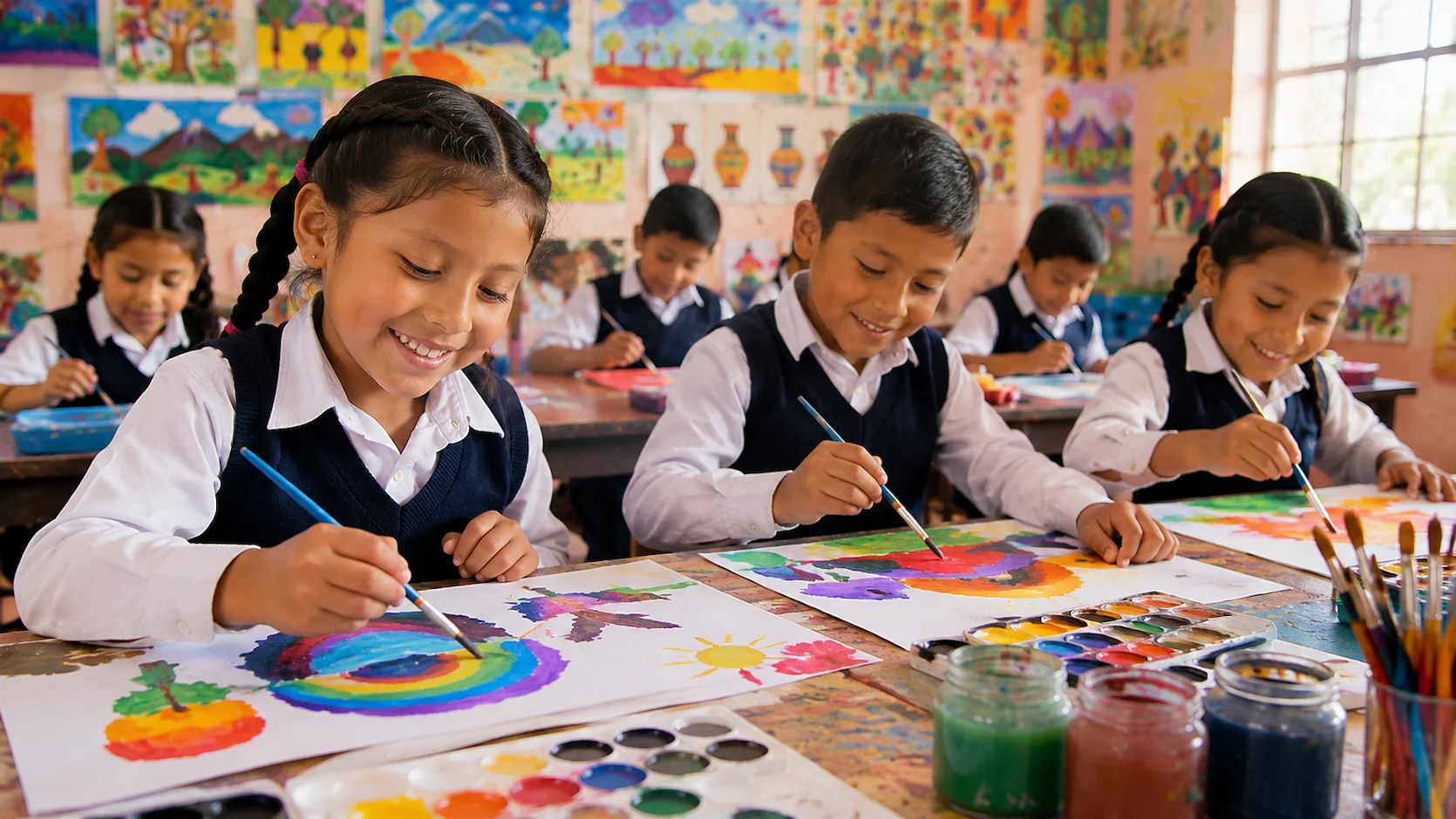 Niños ecuatorianos pintando en clase de artes plásticas con colores vivos y expresión libre