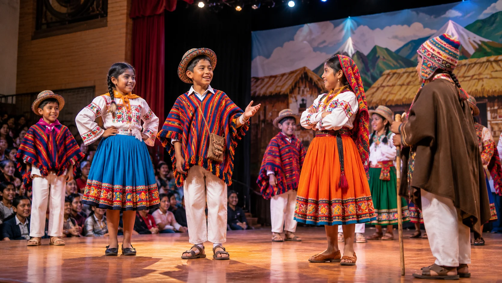 Estudiantes ecuatorianos en presentación de teatro escolar con vestuario colorido en el auditorio del colegio