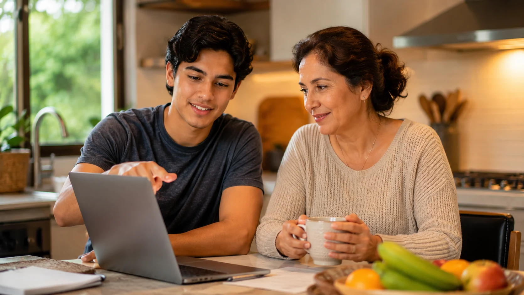 Una madre ecuatoriana tomando una taza de café en la cocina mientras conversa amigablemente y escucha a su hijo universitario de 18 años, quien le muestra unos apuntes de clase en una laptop