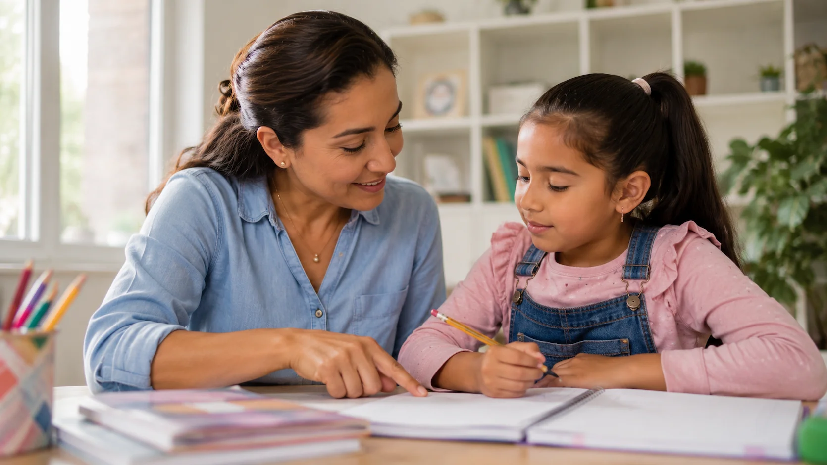 Madre ecuatoriana sonriente sentada junto a su hija de 8 años en un escritorio luminoso en casa, guiándola pacientemente en una tarea interactiva en un cuaderno sin quitarle el lápiz ni hacer el trabajo por ella