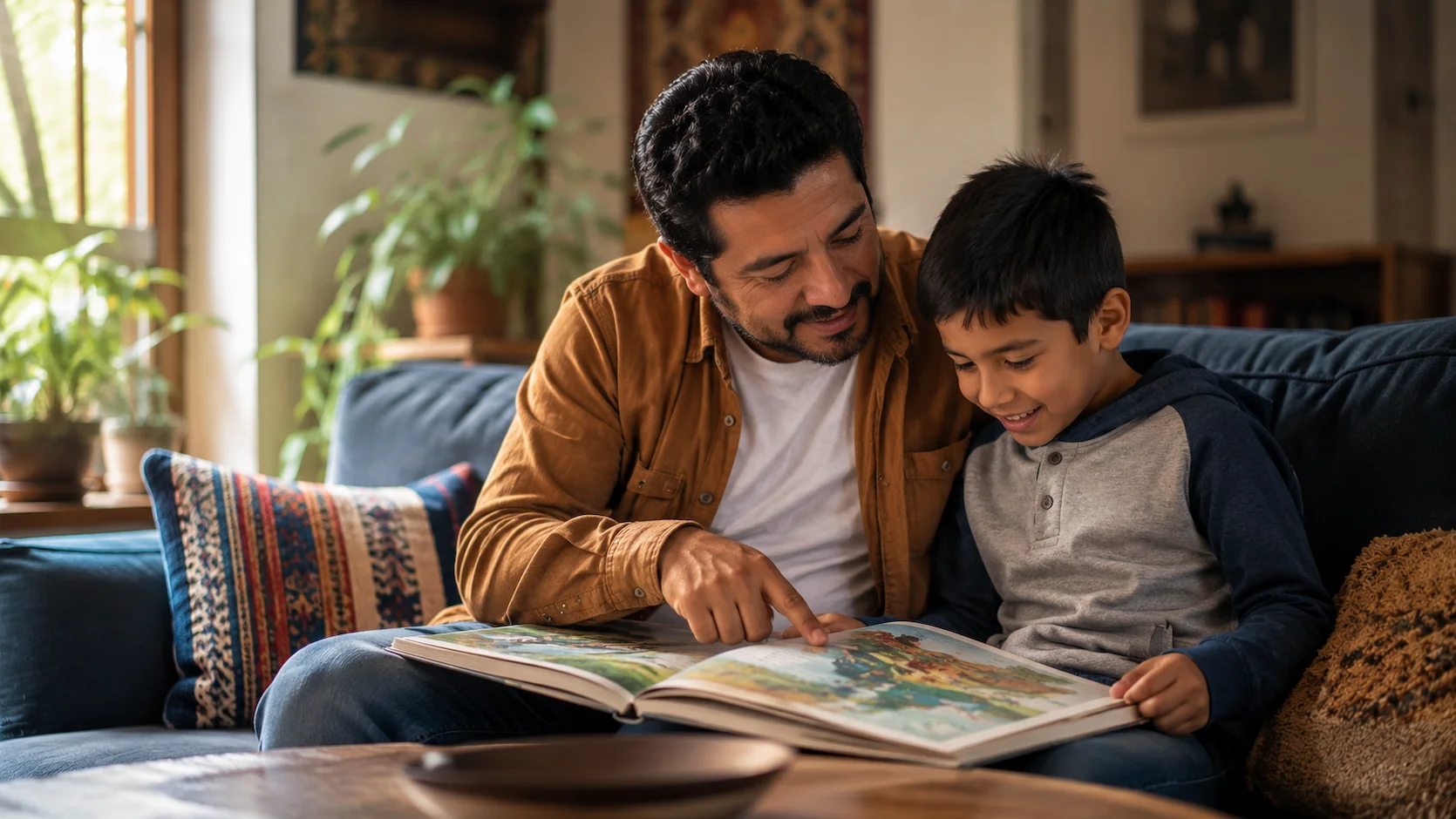 Padre ecuatoriano sentado en un sillón cómodo leyendo un libro de cuentos ilustrado junto a su hijo de 6 años, quien señala una ilustración con curiosidad y alegría