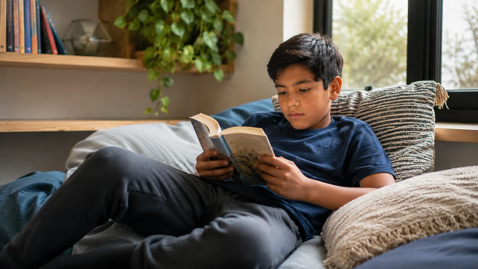 Estudiante ecuatoriano de unos 12 años leyendo atentamente una novela juvenil ilustrada en un rincón de lectura cómodo en casa con cojines y buena iluminación