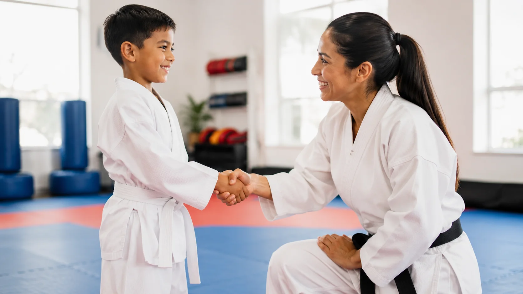 Una entrenadora sonriente de taekwondo felicitando a un niño ecuatoriano de unos 7 años con su cinturón blanco en un tatami, estrechando su mano en señal de respeto