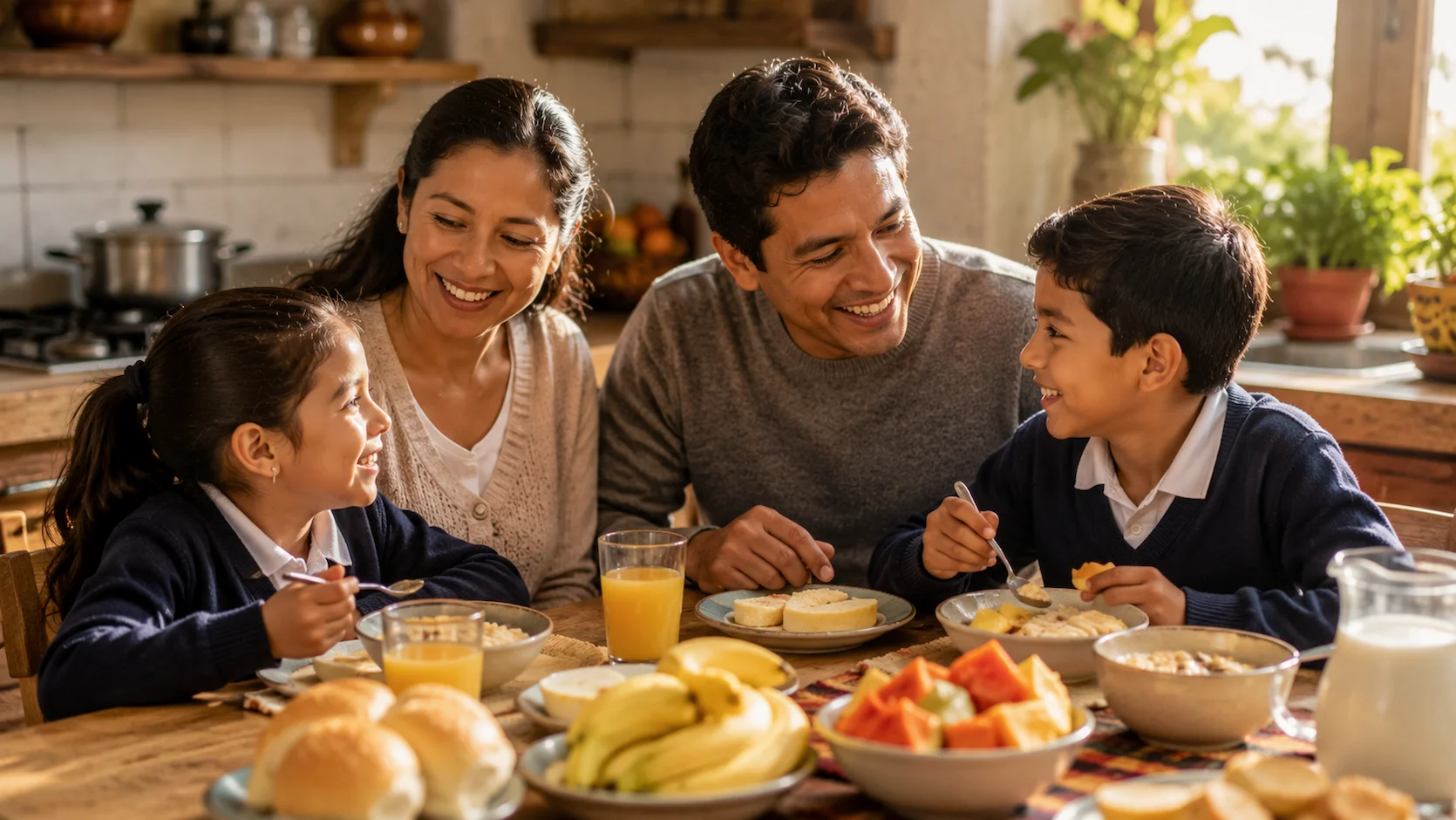 Familia ecuatoriana desayunando juntos en casa antes del colegio