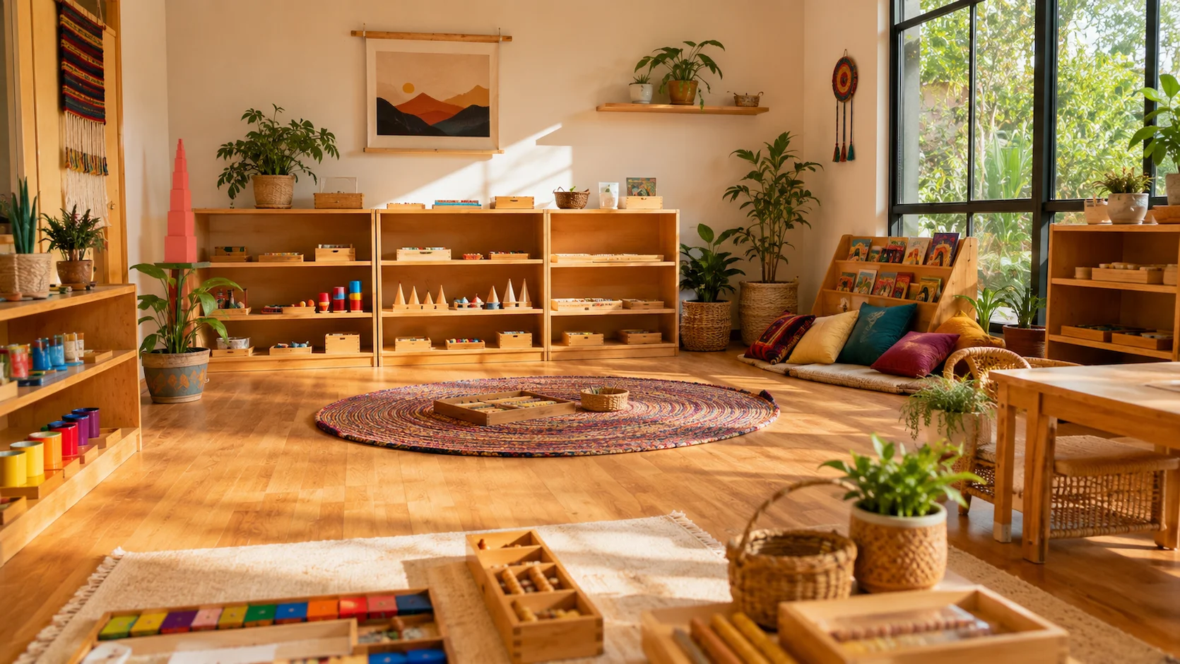 Salón Montessori con ambiente preparado y materiales educativos organizados en estantes bajos en Ecuador