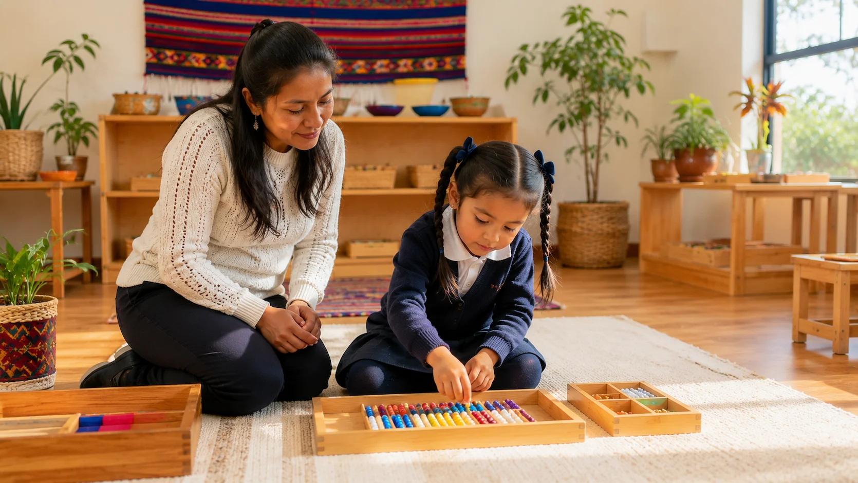 Guía Montessori ecuatoriana acompañando a niños en actividad práctica de vida cotidiana
