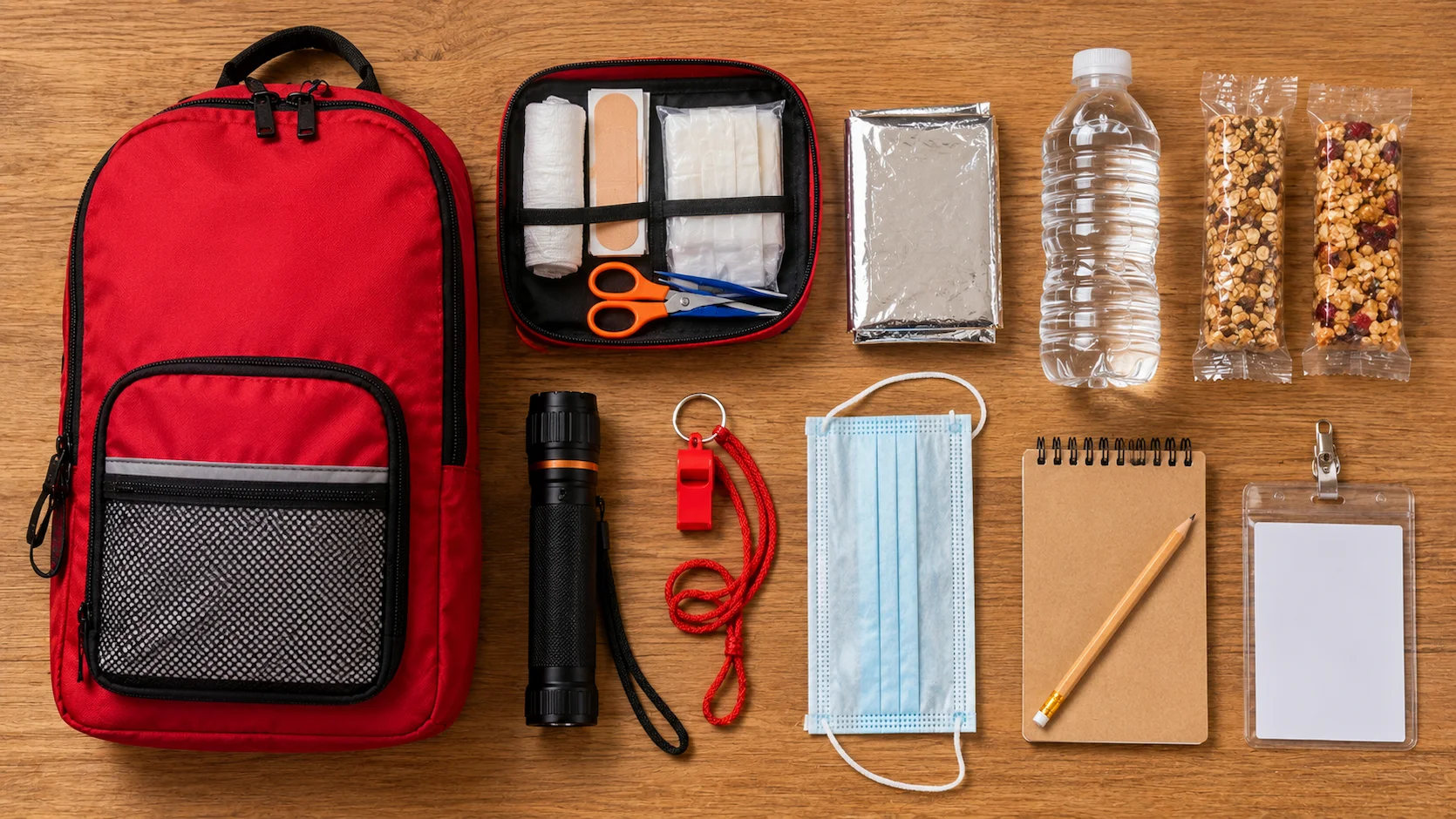 Contenido organizado de una mochila de emergencia escolar con botiquín, agua, linterna y documentos