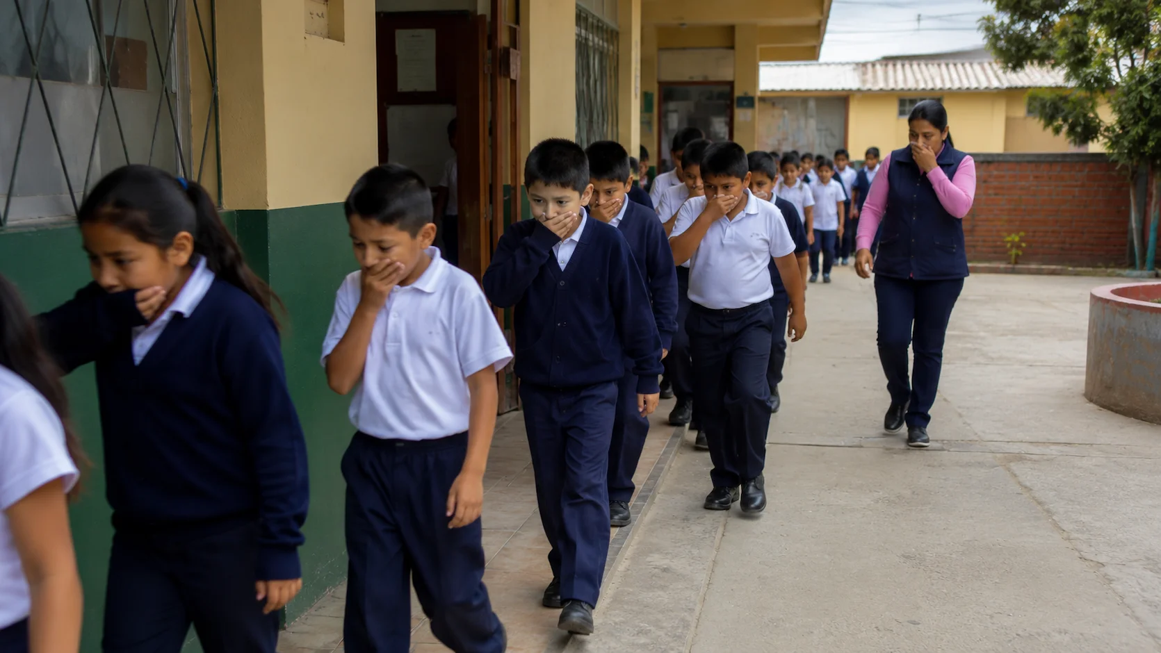 Estudiantes ecuatorianos practicando un simulacro de evacuación ordenado en el patio del colegio
