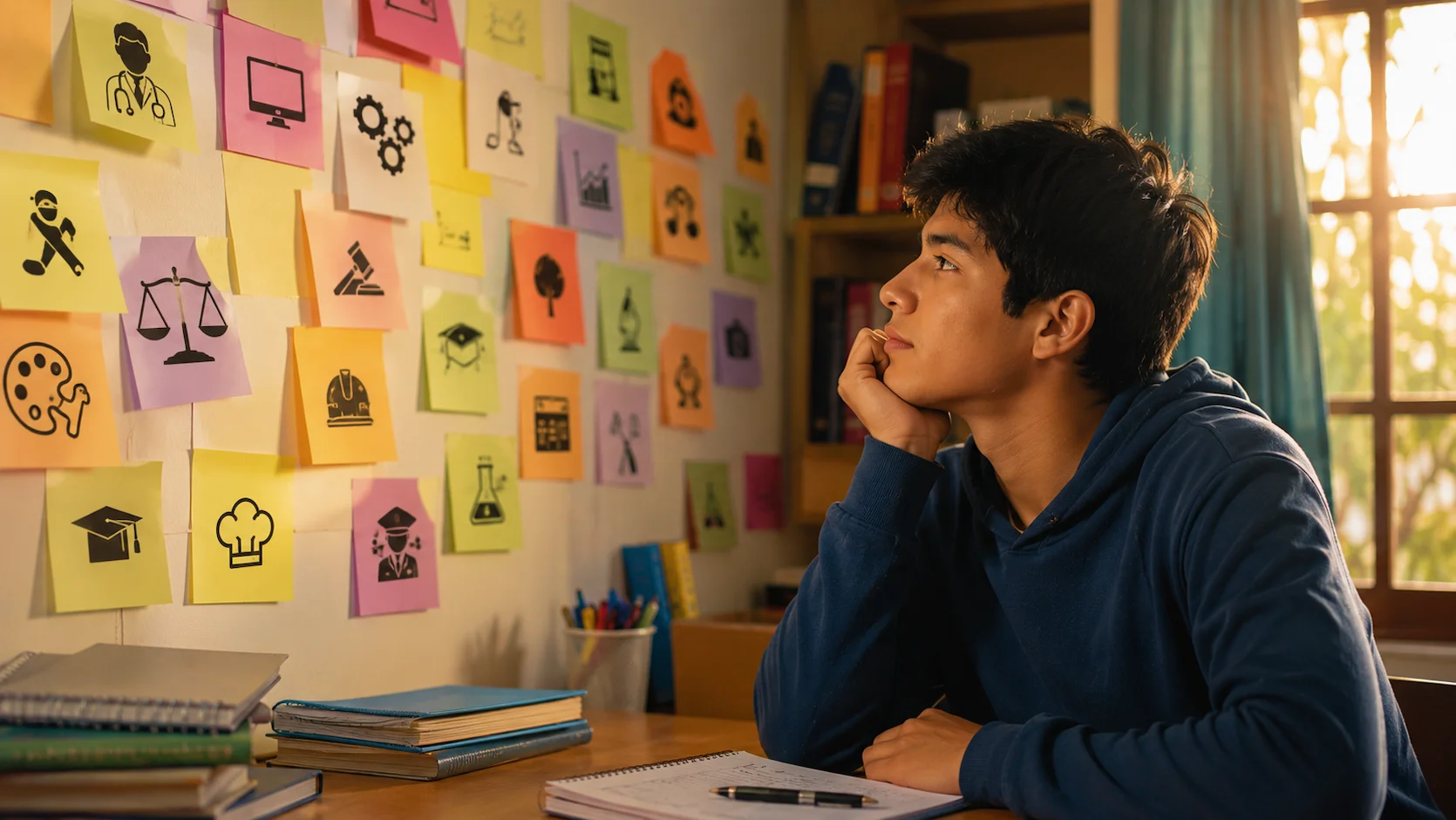 Estudiante ecuatoriano de bachillerato reflexionando frente a un mural con opciones de carreras universitarias