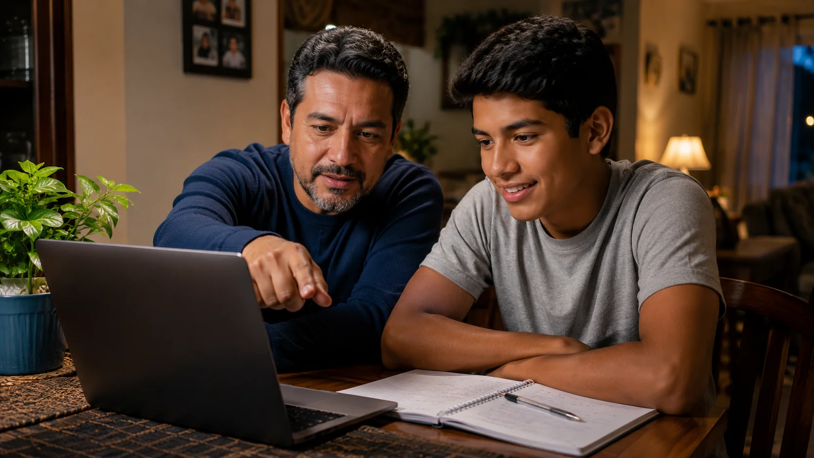 Padre e hijo bachiller ecuatoriano revisando juntos el catalogo de carreras universitarias del SENESCYT en una laptop