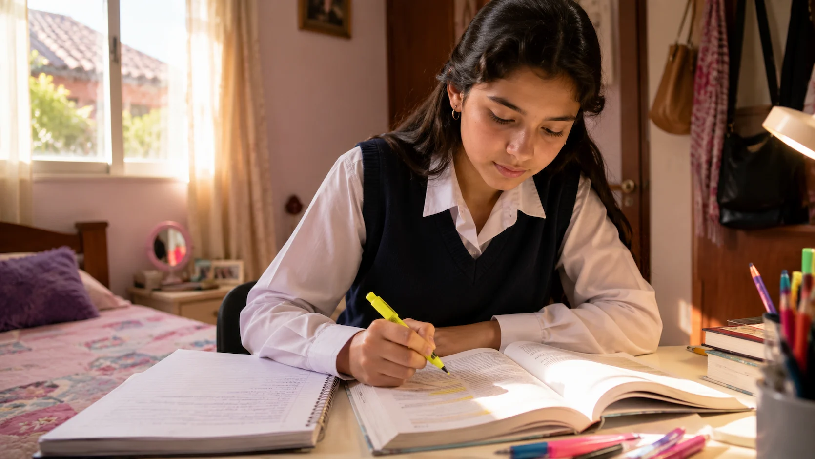 Estudiante ecuatoriana de bachillerato concentrada estudiando con libros y apuntes sobre una mesa, preparándose para el examen Ser Bachiller