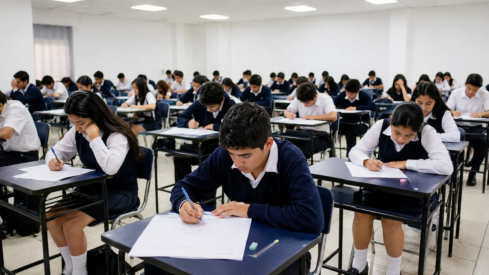Salón de examen con filas de estudiantes ecuatorianos concentrados respondiendo el examen Ser Bachiller en una institución educativa
