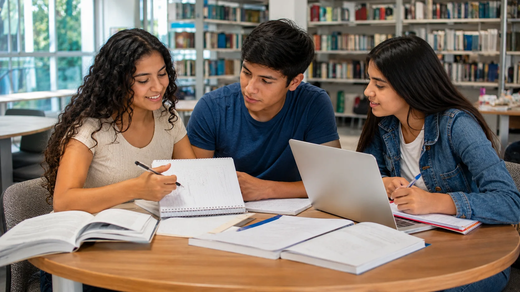 Grupo de tres estudiantes ecuatorianos de bachillerato estudiando juntos alrededor de una mesa con apuntes, libros y una laptop, en un ambiente de estudio colaborativo