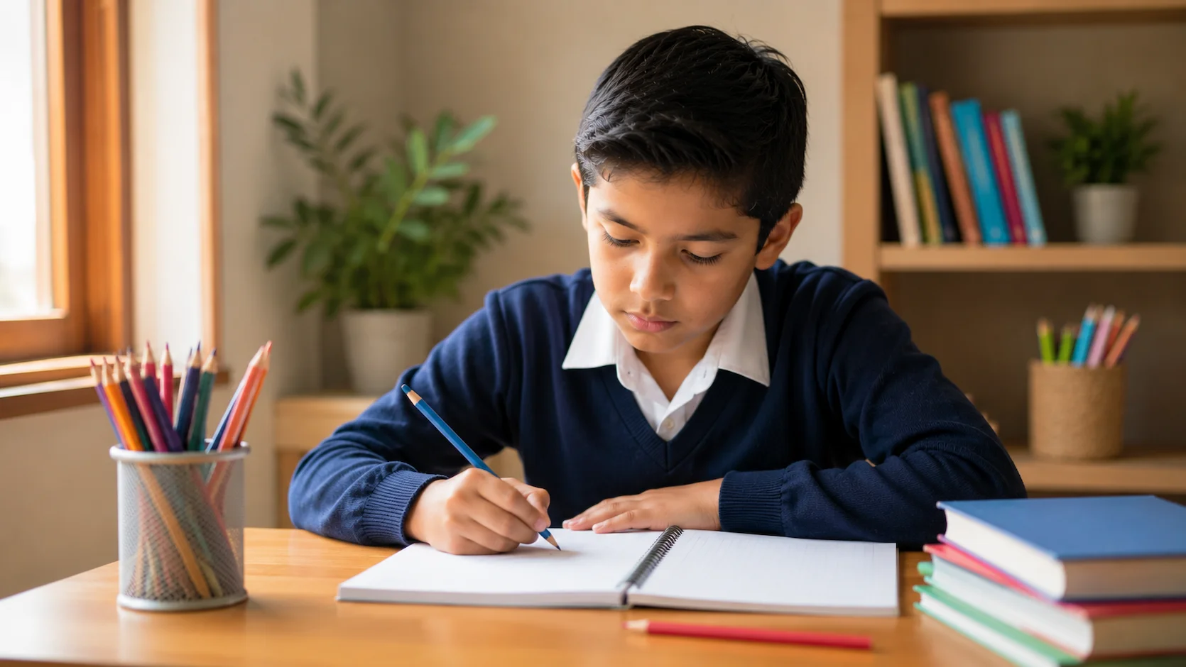Estudiante ecuatoriano organizado estudiando en un escritorio ordenado con luz natural